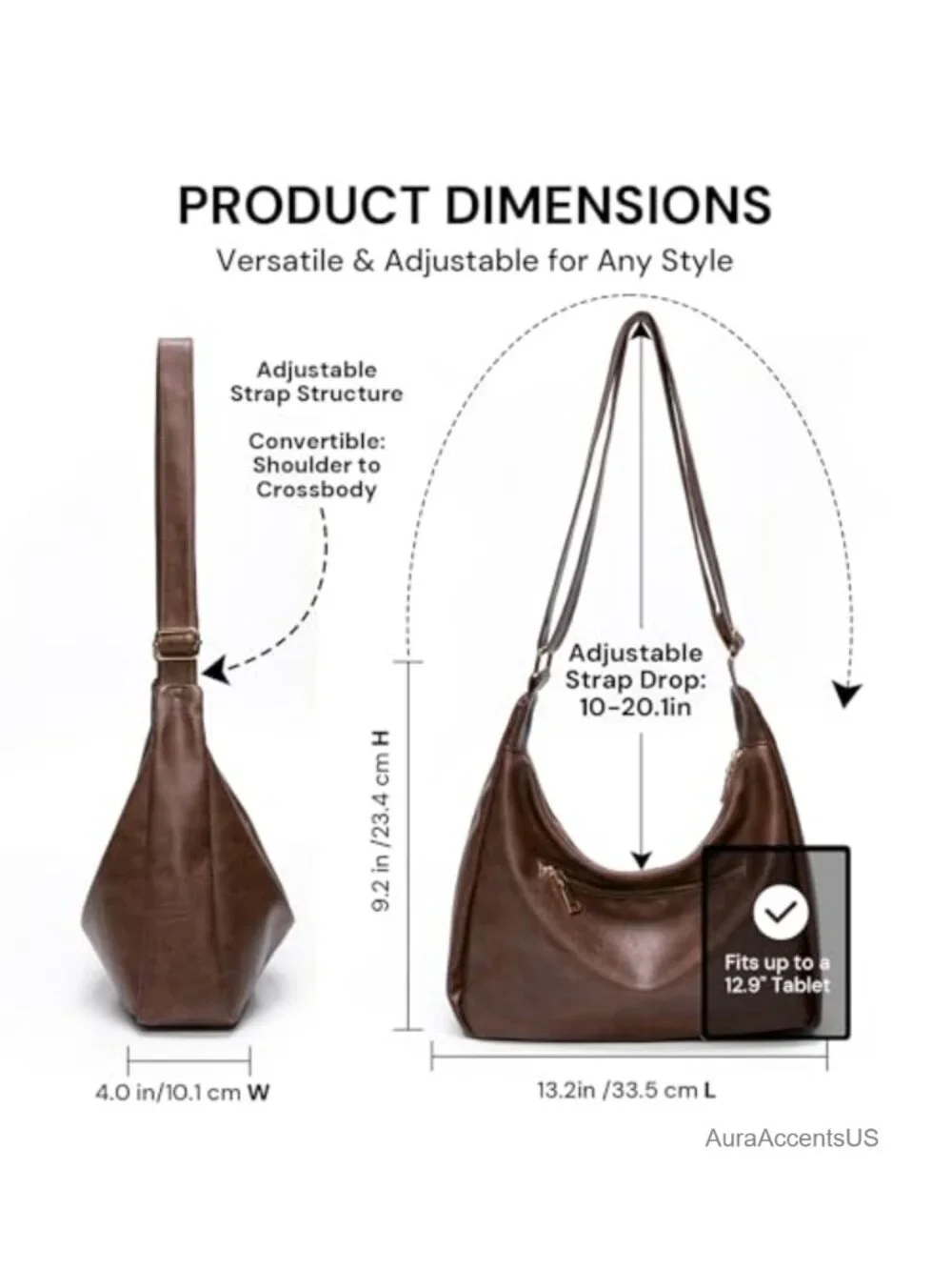 Women's Slouchy Hobo Bag Soft Vegan Leather Adjustable Crossbody Shoulder Purse